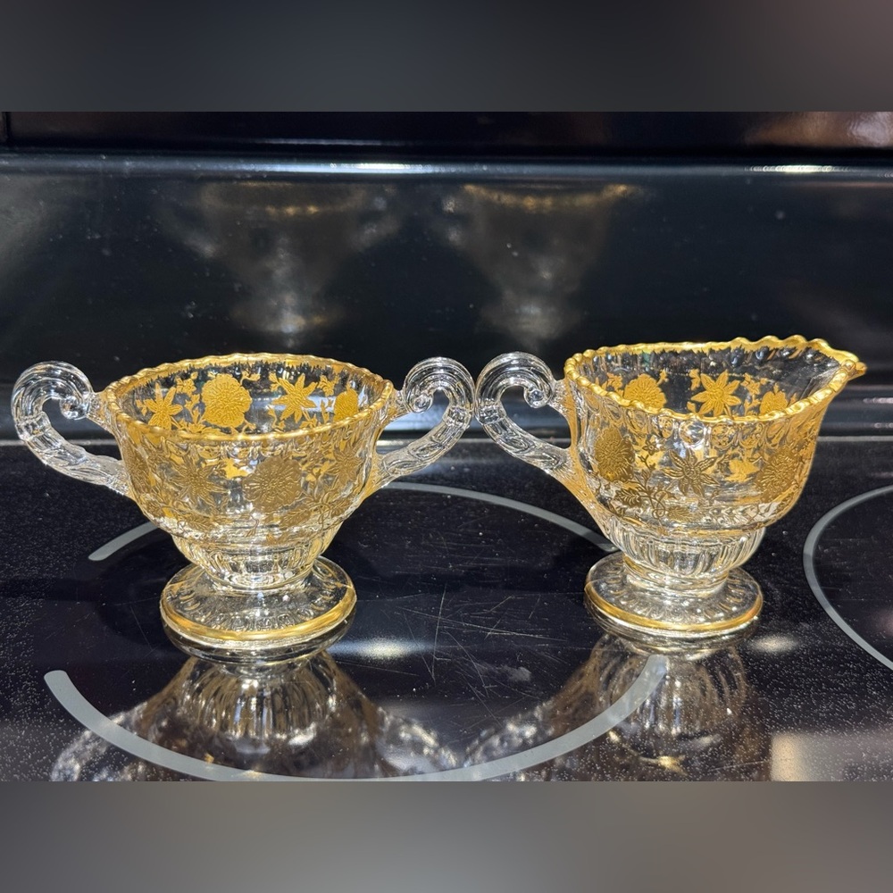 ❤️Vintage Cambridge Glass "Wildflower" pattern cream & sugar set w/ gold overlay